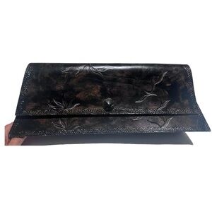Vintage 100% Leather/ Embossed Floral Dark Brown /Clutch